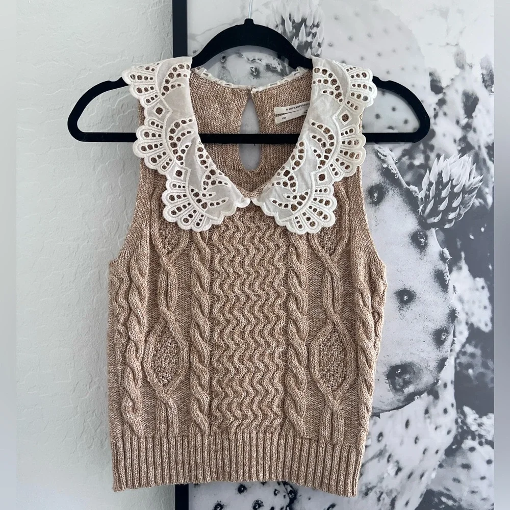 Anthropologie Tan Lace Collared Sweater Tank Top size XXS - Picture 2 of 11